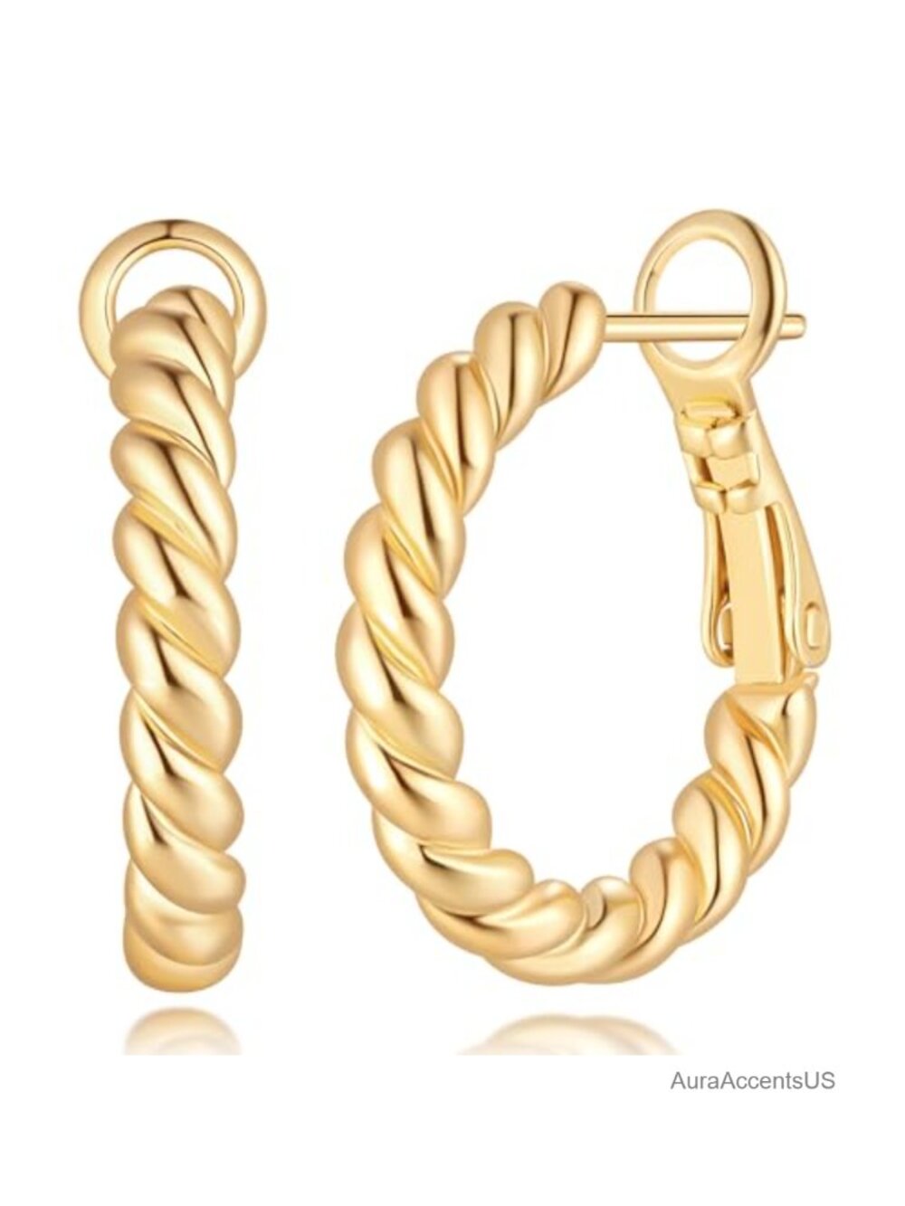 14K Gold Plated Twisted Rope Hoop Earrings for Women, Hidden Closure